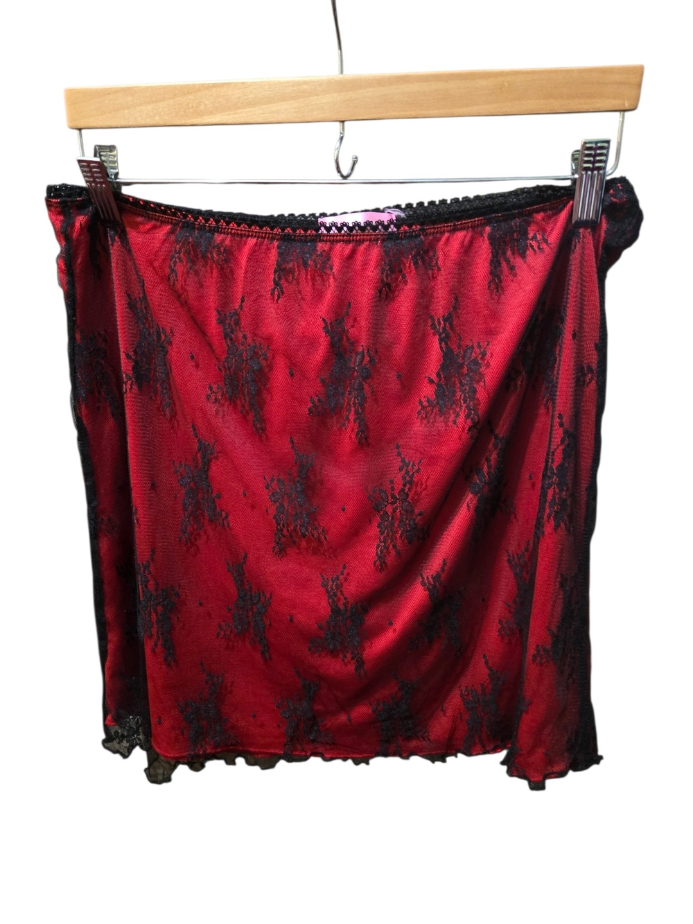 Y2K Red & Black Lace Mesh Mini Skirt Sheer Gothic Grunge Stretch Waist Women's